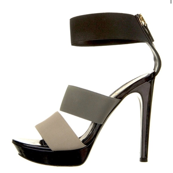 FENDI Gray and Black Colorblock Elastic Strap Zip Back Platform Heels - Picture 1 of 5
